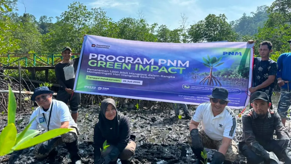 AKSI: Pemimpin PNM Cabang Padang Hendra Jalius bersama masyarakat menanam 1.000 bibit mangrove di Sungai Pinang, Pesisir Selatan, memperingati Hari Mangrove Sedunia. (PNM FOR PADEK)