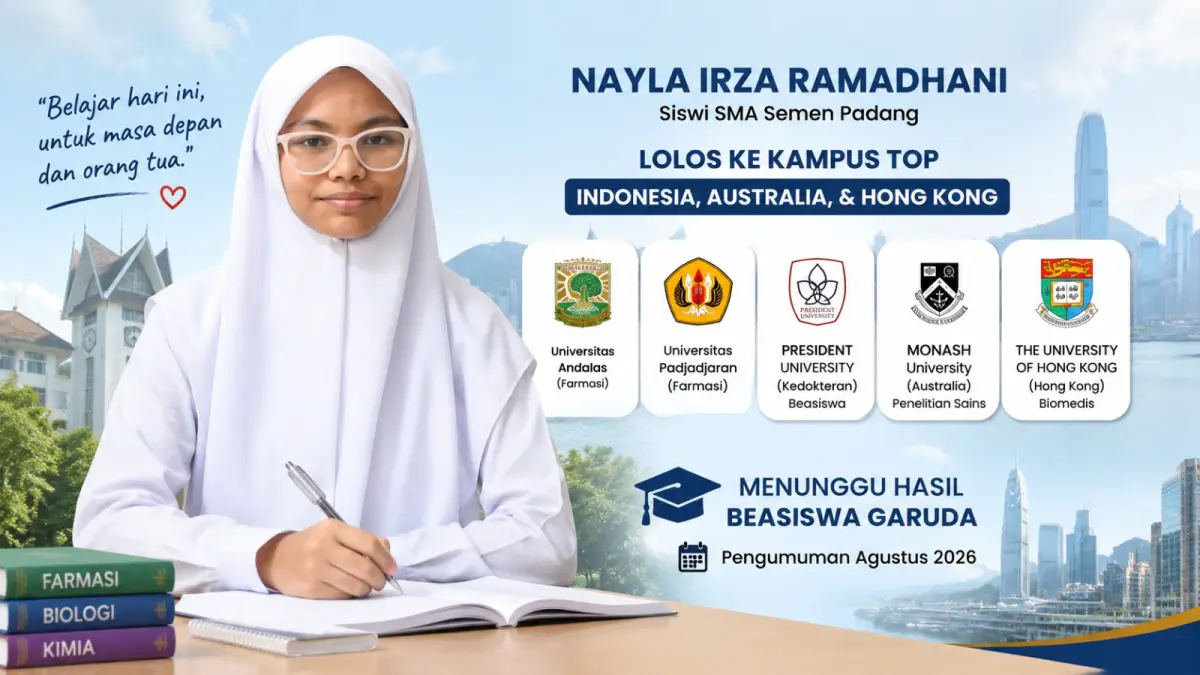 Nayla Irza Ramadhani, lulusan SMA Semen Padang, memilih mendaftar ulang di Program Studi Farmasi Universitas Andalas sembari menunggu hasil Beasiswa Garuda untuk melanjutkan studi ke luar negeri. (ilustrasi AI)