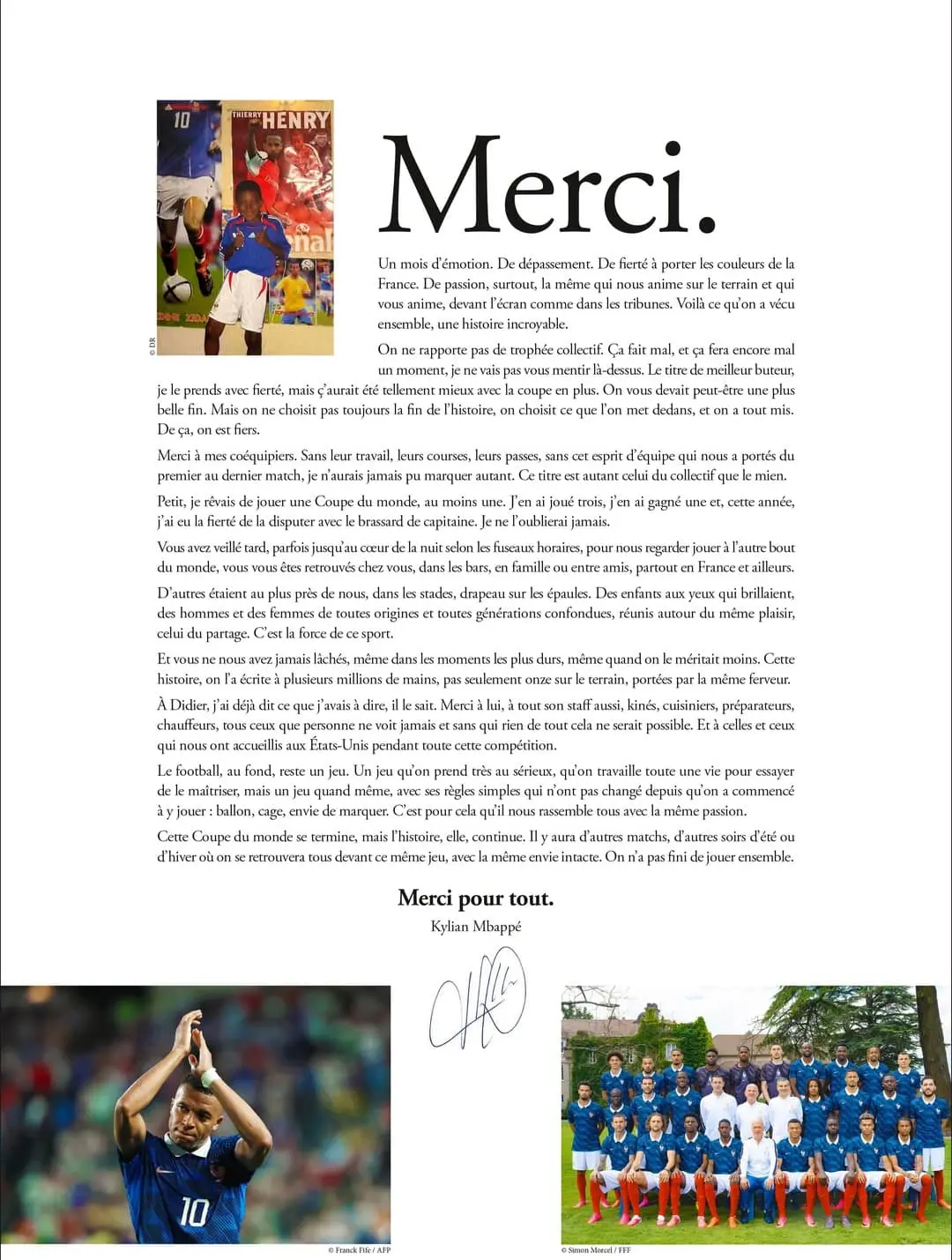 Surat terbuka "Merci" dari Kylian Mbappe yang diterbitkan di surat kabar Prancis dan Instagram pribadinya usai Piala Dunia 2026 sebagai ungkapan terima kasih kepada suporter Les Bleus.(Foto: Instagram @k.mbappe)
