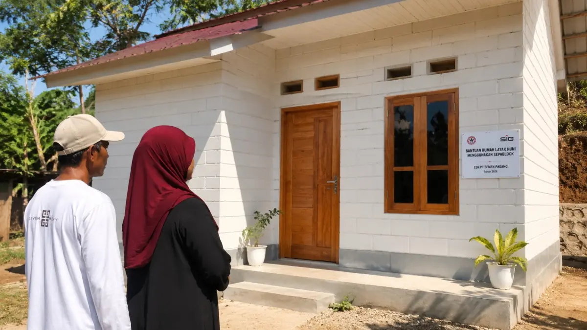 Destimar Irawati bersama suaminya memandang rumah layak huni berbahan Sepablock yang baru selesai dibangun melalui program CSR PT Semen Padang. (Ilustrasi AI)