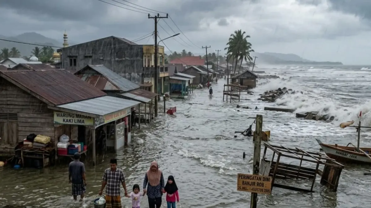 Kawasan pesisir Sumatera Barat berpotensi mengalami banjir rob akibat pasang air laut pada 28 Juli hingga 1 Agustus 2026. (Foto ilustrasi AI)