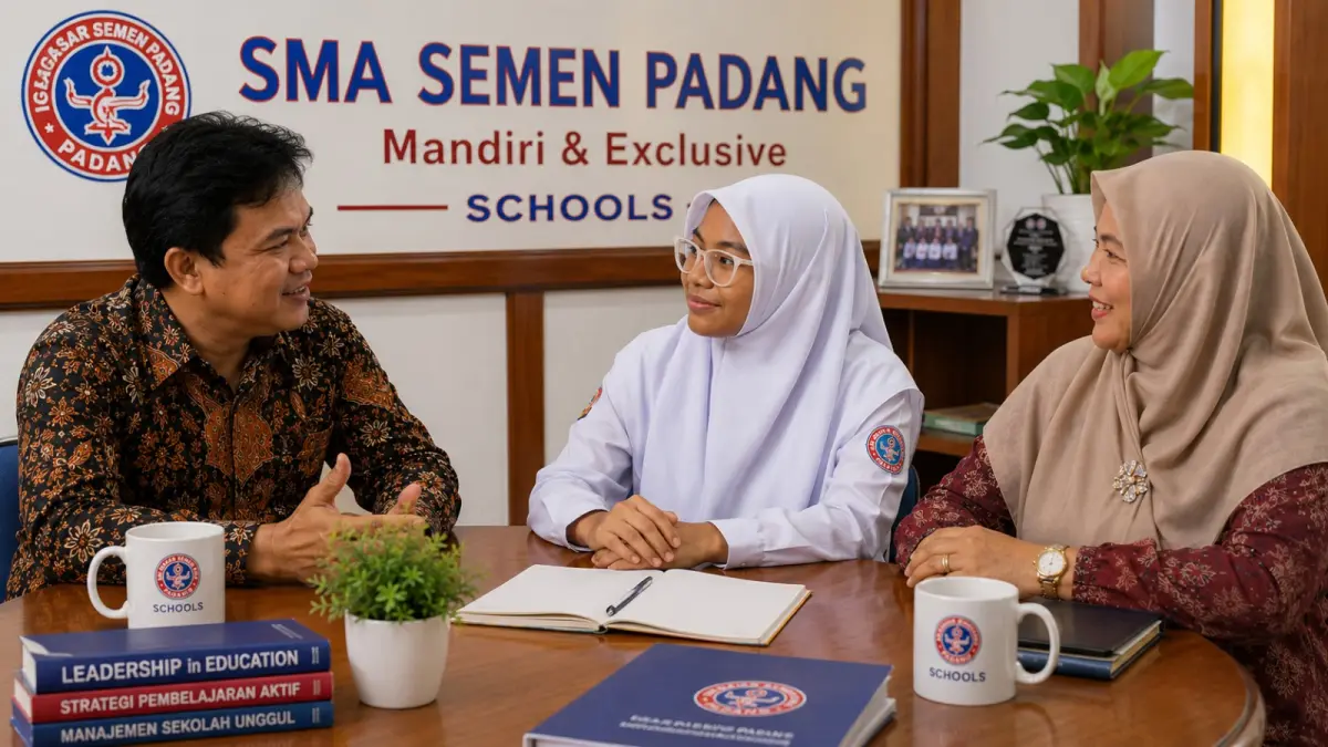 Nayla Irza Ramadhani bersama Ketua Yayasan Igasar Semen Padang, Hasfi Rafiq, dan Kepala SMA Semen Padang, Moethia Varina Oemar. (ilustrasi AI)
