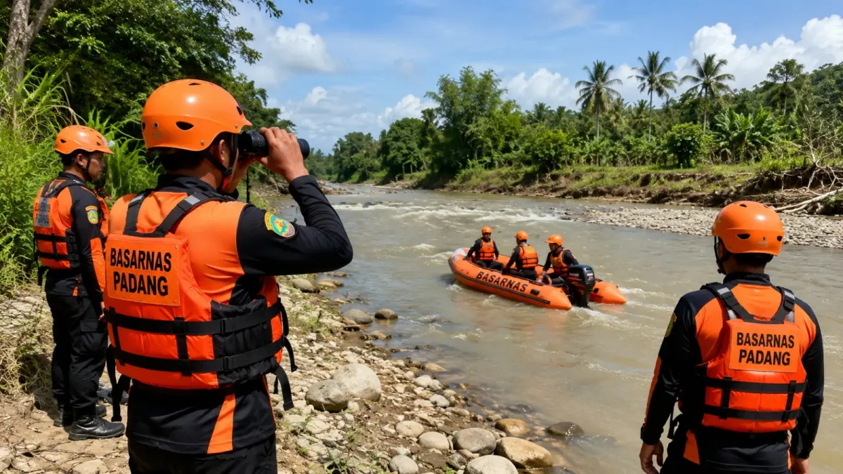 Tim Kantor Pencarian dan Pertolongan Kelas A Padang (Basarnas Padang) melakukan operasi pencarian terhadap seorang lansia yang diduga hanyut usai terjatuh saat memancing di Sungai Batang Mangur, Kabupaten Padangpariaman, Selasa (28/7/2026). (ilustrasi AI)