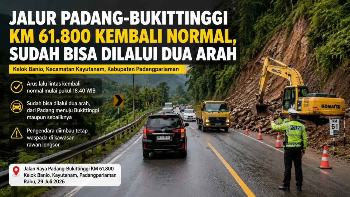 Petugas mengatur arus lalu lintas di Jalan Raya Padang-Bukittinggi KM 61.800, Kelok Banio, Kecamatan Kayutanam, Kabupaten Padangpariaman, setelah material longsor berhasil dibersihkan sehingga akses kembali dibuka untuk kendaraan dari kedua arah, Rabu (29/7/2026). (Ilustrasi AI)