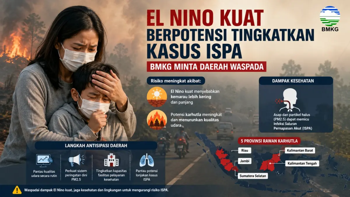 Ilustrasi warga memakai masker di tengah kabut asap. BMKG mengingatkan potensi kenaikan kasus ISPA seiring menguatnya El Nino 2026 yang meningkatkan risiko karhutla. (Ilustrasi: AI)