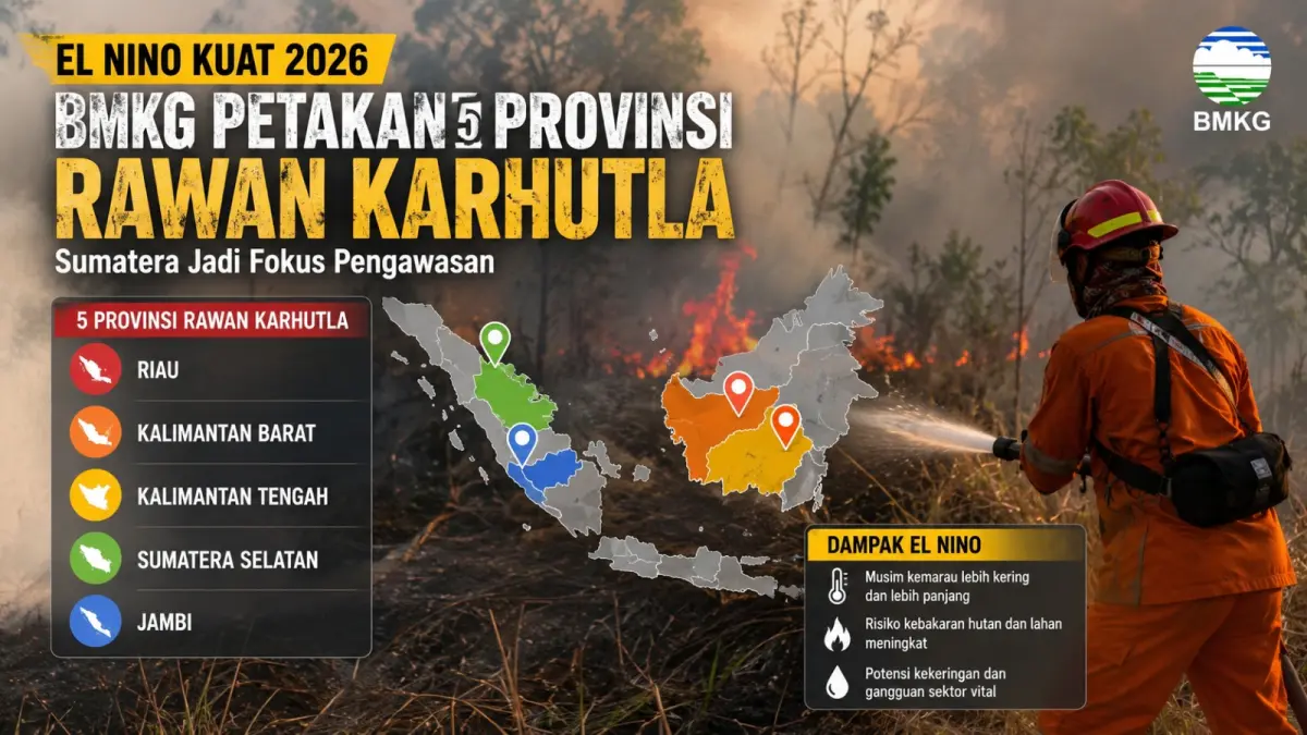 Ilustrasi kebakaran hutan dan lahan (karhutla) di tengah musim kemarau. BMKG memetakan lima provinsi berisiko tinggi mengalami karhutla seiring menguatnya fenomena El Nino 2026, dengan Sumatera menjadi salah satu wilayah yang mendapat perhatian khusus. (Ilustrasi: AI)