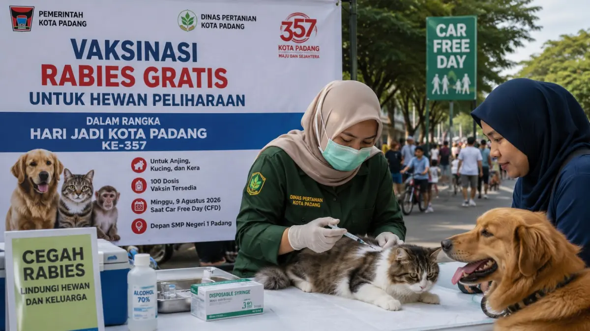 Vaksinasi rabies gratis digelar Pemko Padang saat CFD HJK ke-357, Minggu (9/8), dengan 100 dosis untuk anjing, kucing, dan kera. (ilustrasi AI)
