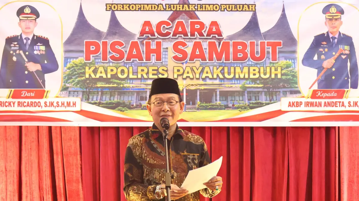 Wali Kota Payakumbuh Zulmaeta beri sambutan pada acara pisah sambut Kapolres Payakumbuh di Pendopo Rumah Dinas Wali Kota Payakumbuh, Rabu (29/7/2026) malam.