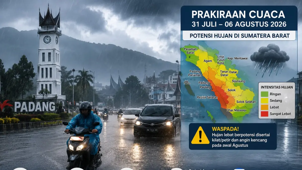 Ilustrasi hujan lebat di Sumatera Barat. BMKG mengingatkan masyarakat mewaspadai potensi bencana hidrometeorologi pada awal Agustus 2026.