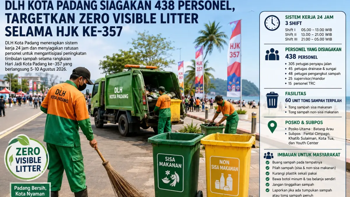 Petugas Dinas Lingkungan Hidup Kota Padang disiagakan selama 24 jam untuk menjaga kebersihan rangkaian HJK Padang ke-357. (ilustrasi AI)