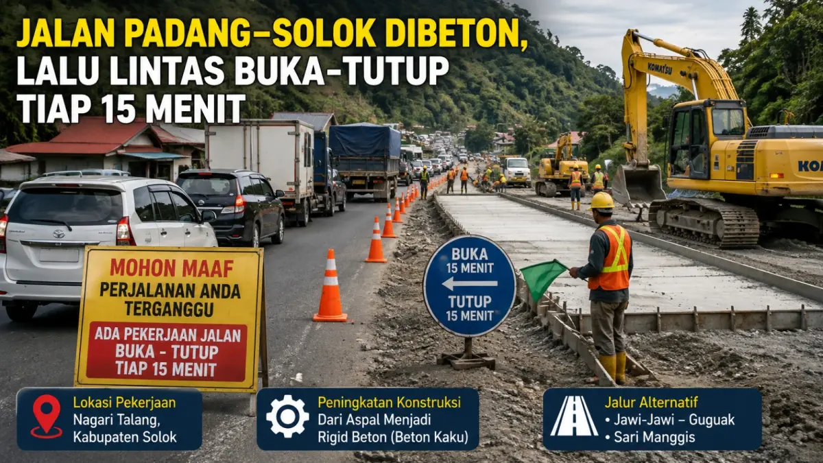 Jalan Padang–Solok diperbaiki dengan rigid beton. Lalu lintas diberlakukan buka-tutup tiap 15 menit selama pekerjaan berlangsung. (ilustrasi AI)
