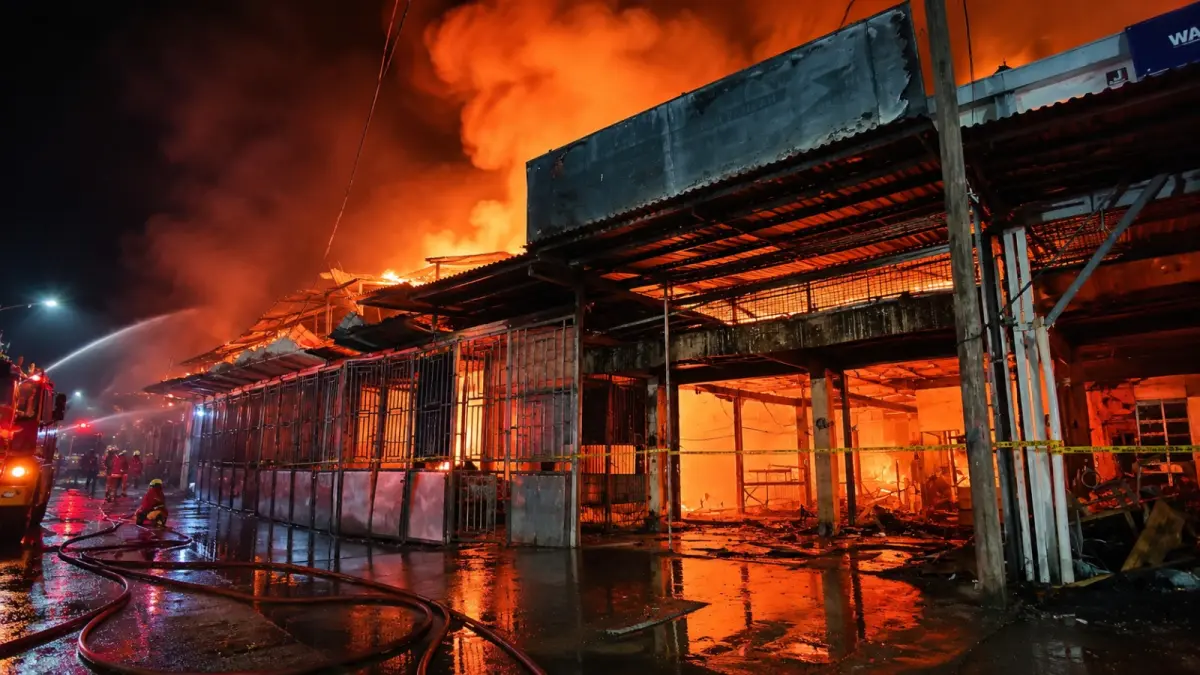 Tujuh petak ruko Nusa Indah 7 di Simpang Pulai, Nagari Koto Baru, Kabupaten Solok, ludes terbakar Sabtu dini hari (1/8/2026). (ilustrasi AI)