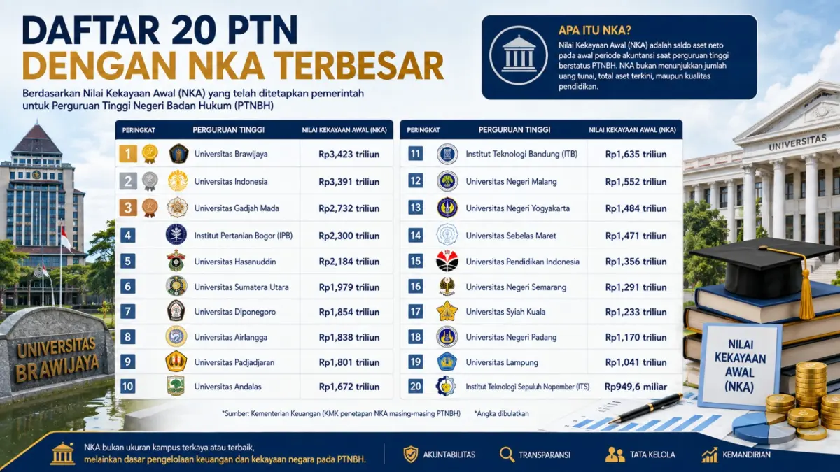 Daftar 20 PTN dengan Nilai Kekayaan Awal terbesar, Universitas Brawijaya berada di posisi teratas dengan NKA Rp3,423 triliun. (ilustrasi AI)