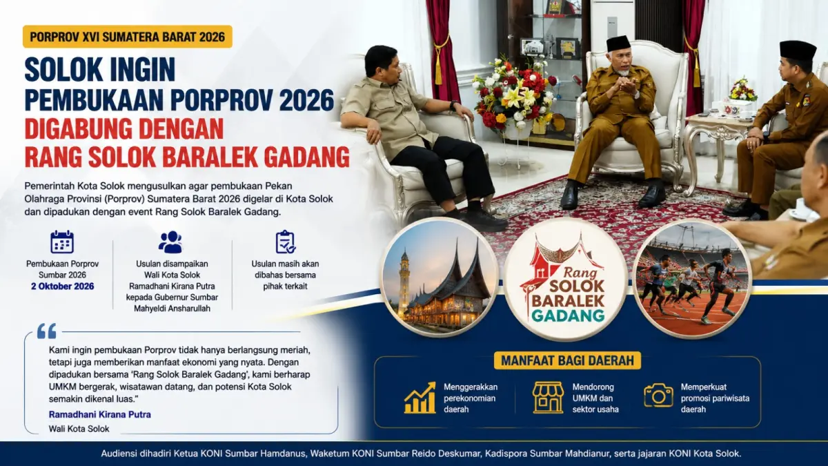 Kota Solok mengusulkan pembukaan Porprov Sumbar 2026 digelar di daerahnya dan dipadukan dengan Rang Solok Baralek Gadang untuk menggerakkan ekonomi. (ilustrasi AI)