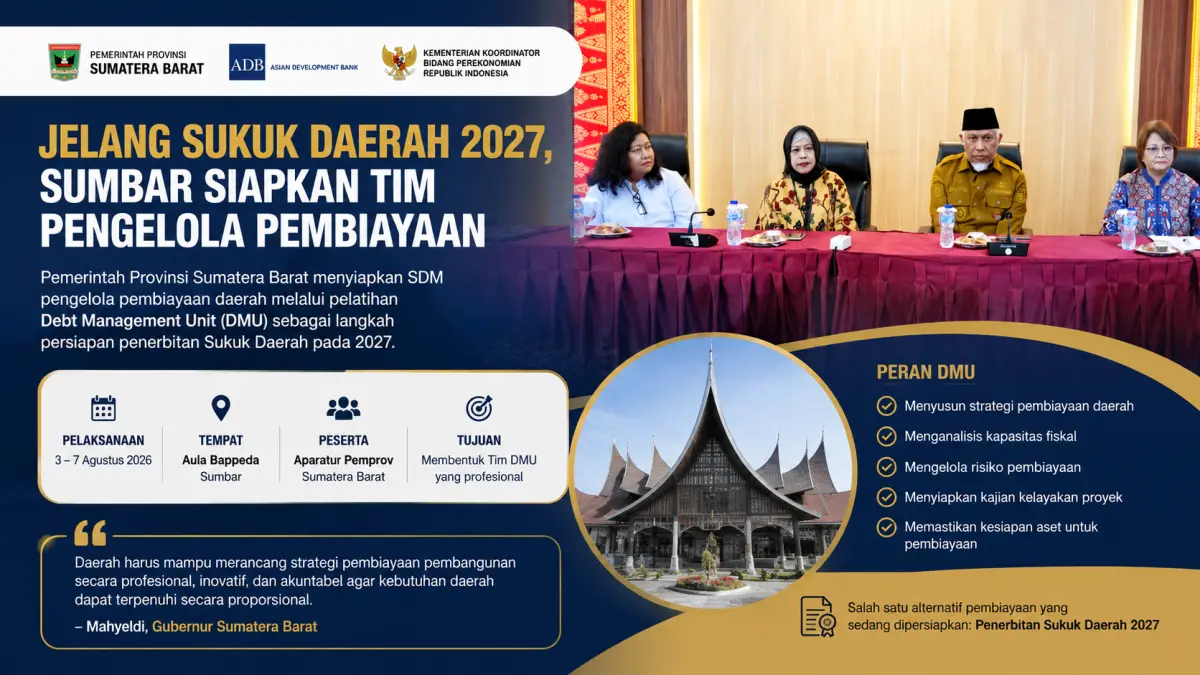 Pemprov Sumbar menyiapkan tim pengelola pembiayaan melalui pelatihan DMU sebagai persiapan penerbitan Sukuk Daerah pada 2027. (ilustrasi AI)