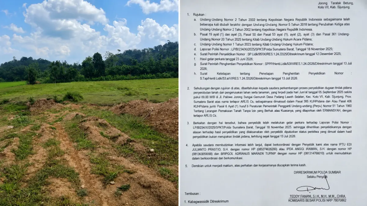 Penanganan perkara dugaan penyerobotan tanah di Sijunjung yang penyelidikannya dihentikan Polda Sumbar setelah gelar perkara khusus.
