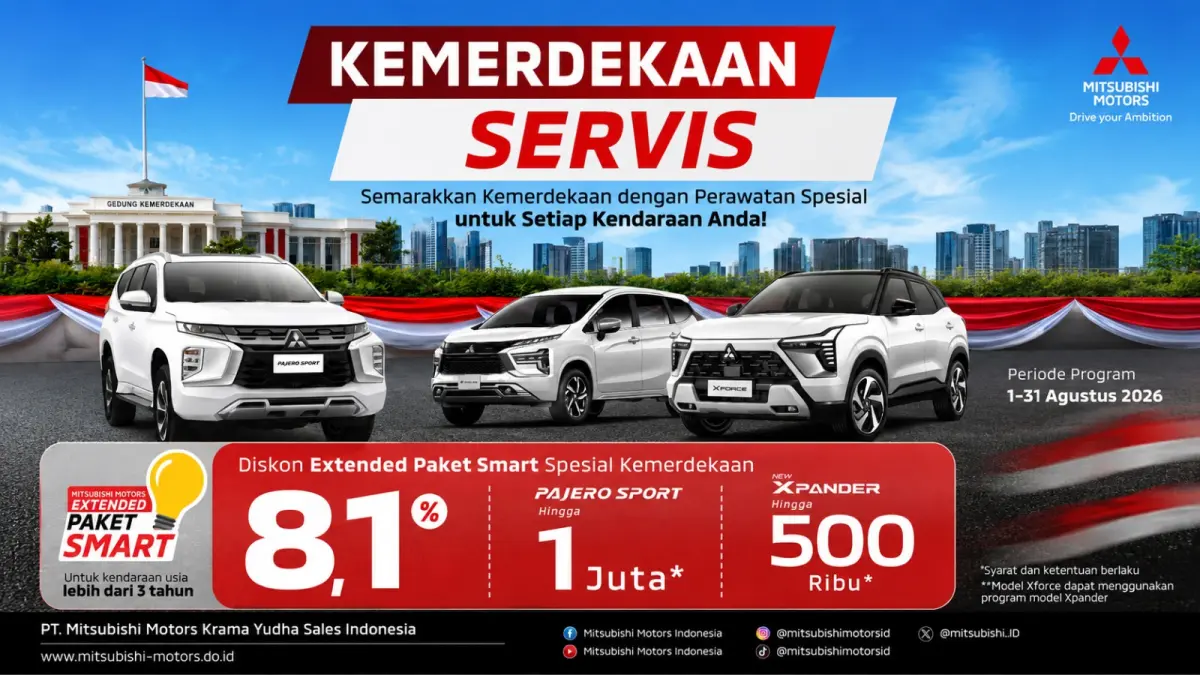 Program Kemerdekaan Service 2026 Mitsubishi memberikan diskon 8,1 persen Extended Smart Package bagi Pajero, Xpander, dan Xforce berusia lebih dari tiga tahun. 