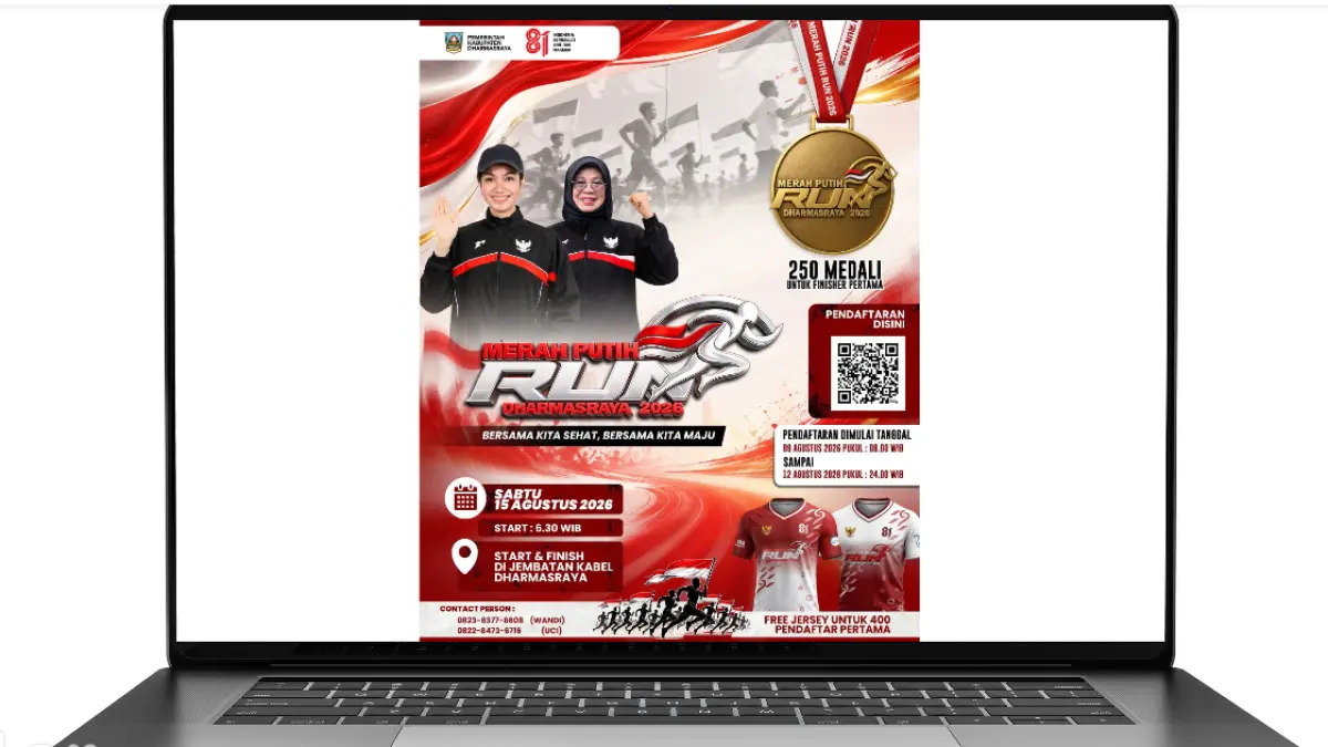 Merah Putih Run Dharmasraya 2026 digelar gratis pada 15 Agustus, dengan jersey bagi 400 peserta pertama dan medali untuk 250 finisher. 