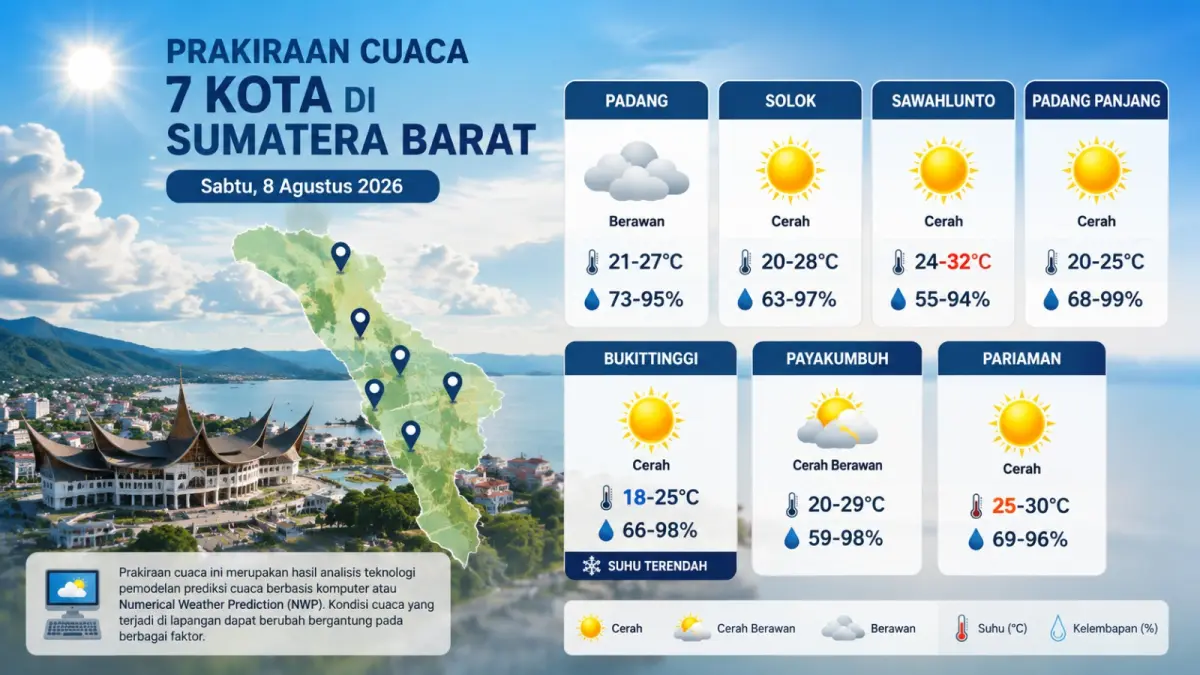 Cuaca tujuh kota di Sumbar hari ini, Sabtu 8 Agustus 2026, diprediksi cerah hingga berawan dengan suhu berbeda di setiap kota. (ilustrasi AI)