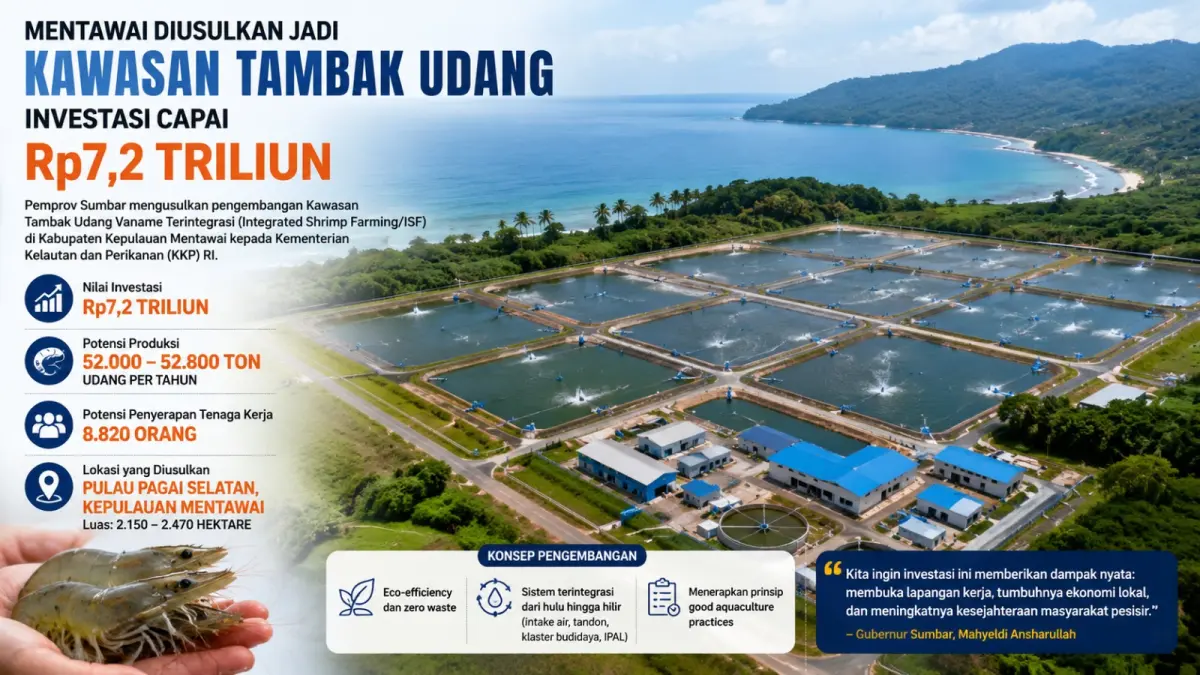 Ilustrasi kawasan Pantai Timur Pulau Pagai Selatan, Kabupaten Kepulauan Mentawai, yang diusulkan sebagai lokasi pengembangan tambak udang vaname terintegrasi dengan luas sekitar 2.150–2.470 hektare. (ilustrasi AI)