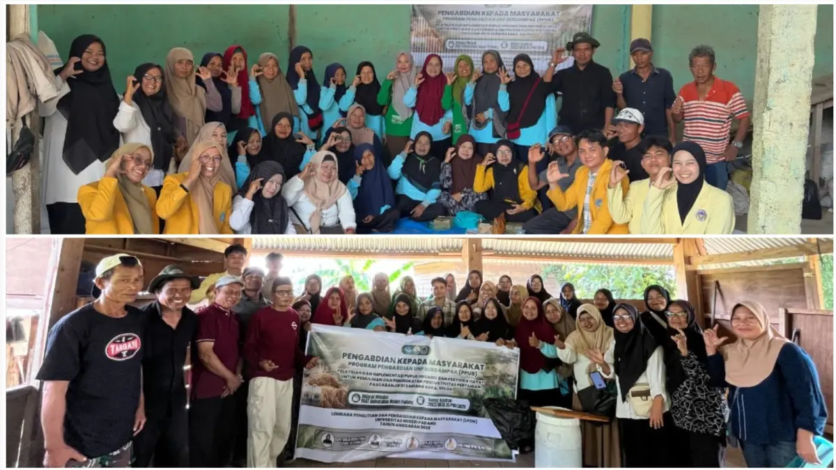 Tim Pengabdian kepada Masyarakat Universitas Negeri Padang (UNP) melatih petani di Nagari Saniang Baka, Kabupaten Solok, mengolah jerami menjadi pupuk organik dan membuat pestisida hayati berbahan lokal, 29 Juli 2026.