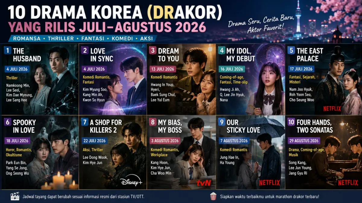 10 drama Korea terbaru Juli-Agustus 2026 hadir dengan romansa, thriller, fantasi, aksi, lengkap tanggal tayang, pemain utama, dan sinopsis menarik. (Ilustrasi AI)