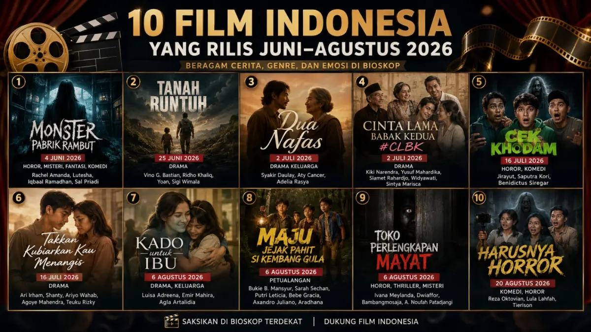 Daftar 10 film Indonesia yang rilis Juni hingga Agustus 2026, lengkap dengan tanggal tayang, genre, pemain utama, dan sinopsis terbaru yang menarik. (Ilustrasi AI)