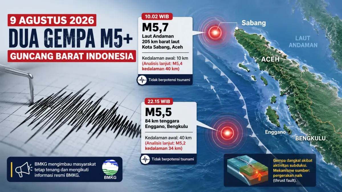 Dua gempa M5+ tercatat pada 9 Agustus 2026, yakni M5,7 di sekitar Sabang dan M5,5 di kawasan Enggano, Bengkulu. (ilustrasi AI)