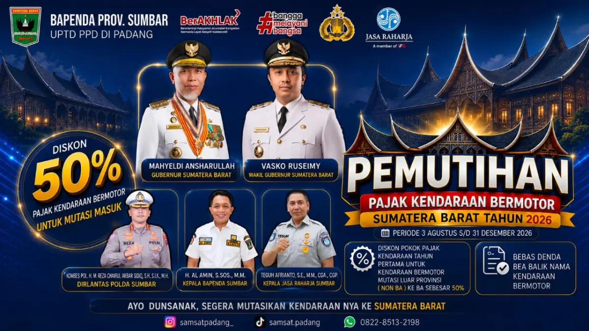 Kendaraan non-BA yang dimutasi ke Sumbar mendapat diskon 50 persen pokok PKB tahun pertama dan bebas denda selama pemutihan 2026.