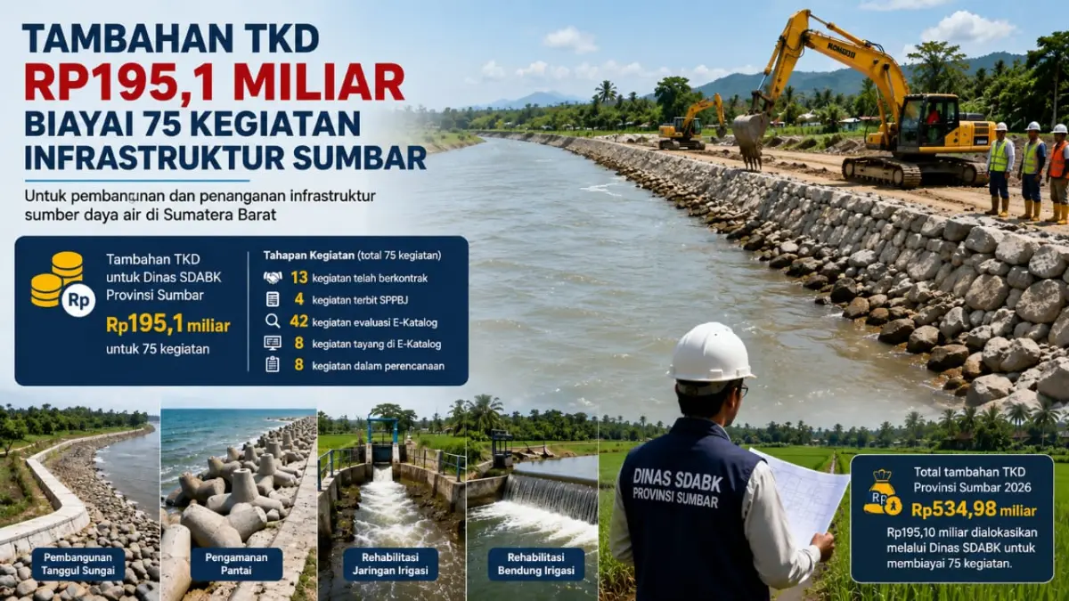 Tambahan TKD Rp195,1 miliar membiayai 75 kegiatan infrastruktur SDABK Sumbar, meliputi sungai, pantai, irigasi, bendung, dan pengendalian bencana. (ilustrasi AI)