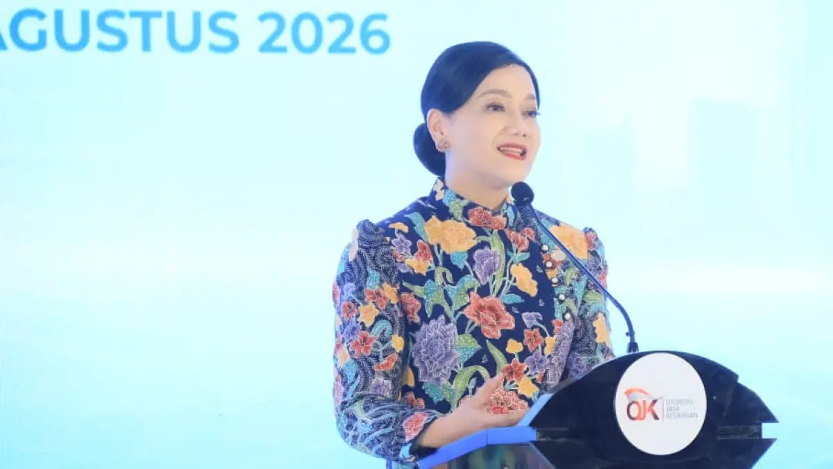 Ketua Dewan Komisioner OJK Friderica Widyasari Dewi saat menyampaikan data pembiayaan UMKM dalam pembukaan UMKM Finance Summit 2026 di Jakarta, Selasa (11/8/2026).