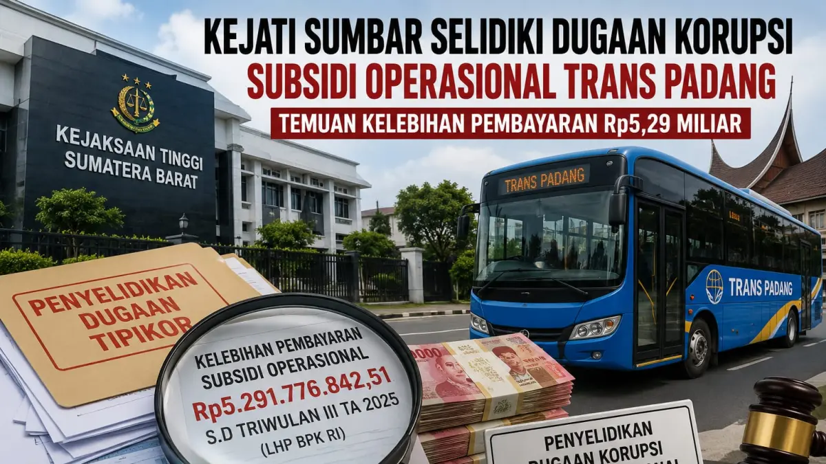 Kejati Sumbar menyelidiki dugaan korupsi subsidi operasional Trans Padang Rp5,29 miliar berdasarkan temuan LHP BPK RI. (ilustrasi AI)