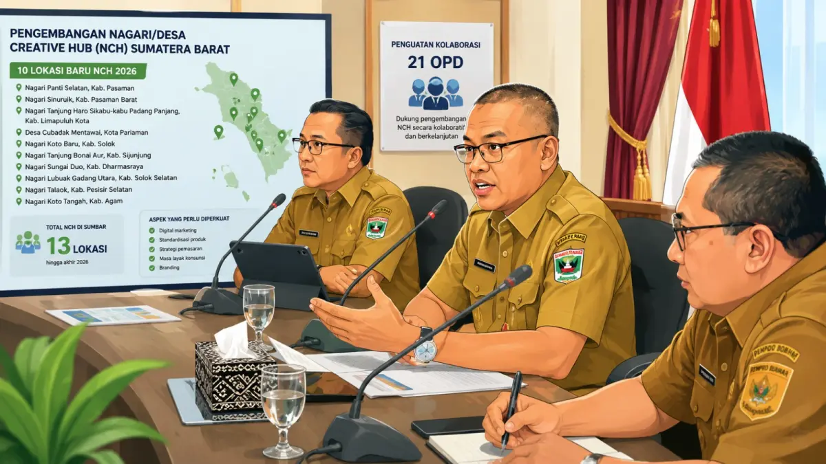 Sekdaprov Sumatera Barat, Arry Yuswandi, memimpin Rapat tentang Percepatan Nagari Creativ Hub bersama OPD Pemprov Sumbar di Ruang Rapat Istana Gubernuran, Selasa (11/8/2026).