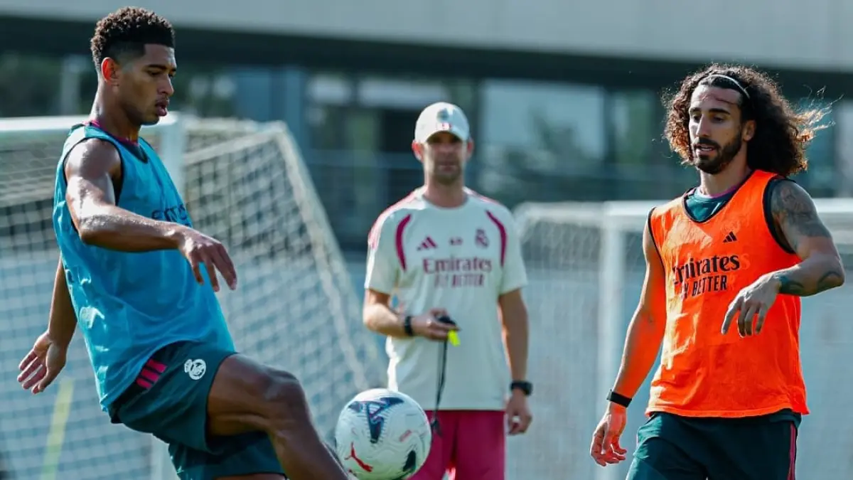 Jude Bellingham dan Marc Cucurella berlatih bersama di Ciudad karena tidak ikut laga Real Madrid melawan Deportivo di Trofeo Teresa Herrera 2026.(Foto: realmadrid.com)