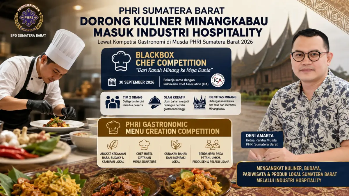 Ketua Panitia Musda PHRI Sumatera Barat 2026, Deni Amarta, mendorong penguatan kuliner Minangkabau melalui industri hospitality. (ilustrasi AI)