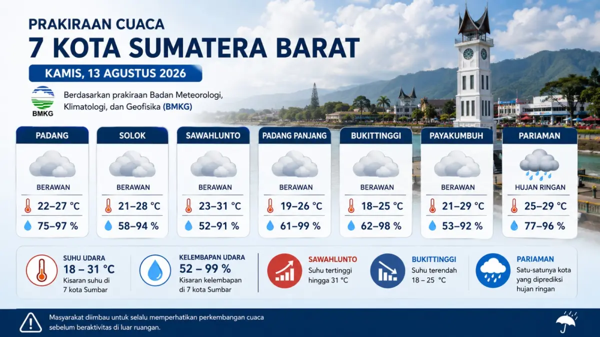 Pantau prakiraan cuaca 7 kota Sumbar hari ini 13 Agustus 2026: Pariaman diprediksi mengalami hujan ringan. (ilustrasi AI)
