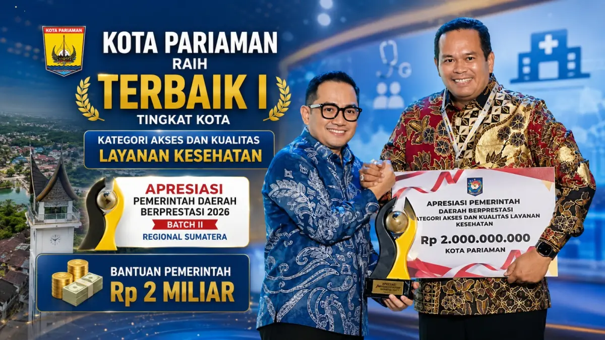 Wali Kota Pariaman Yota Balad menerima penghargaan Terbaik I kategori Akses dan Kualitas Layanan Kesehatan pada Apresiasi Pemerintah Daerah Berprestasi 2026 Batch II Regional Sumatera di Batam, Rabu malam (12/8/2026).