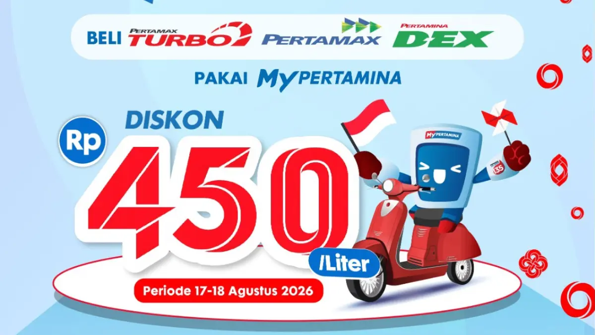 Promo MyPertamina 17–18 Agustus 2026 beri diskon Rp450 per liter untuk Pertamax Turbo, Pertamax, dan Pertamina Dex.