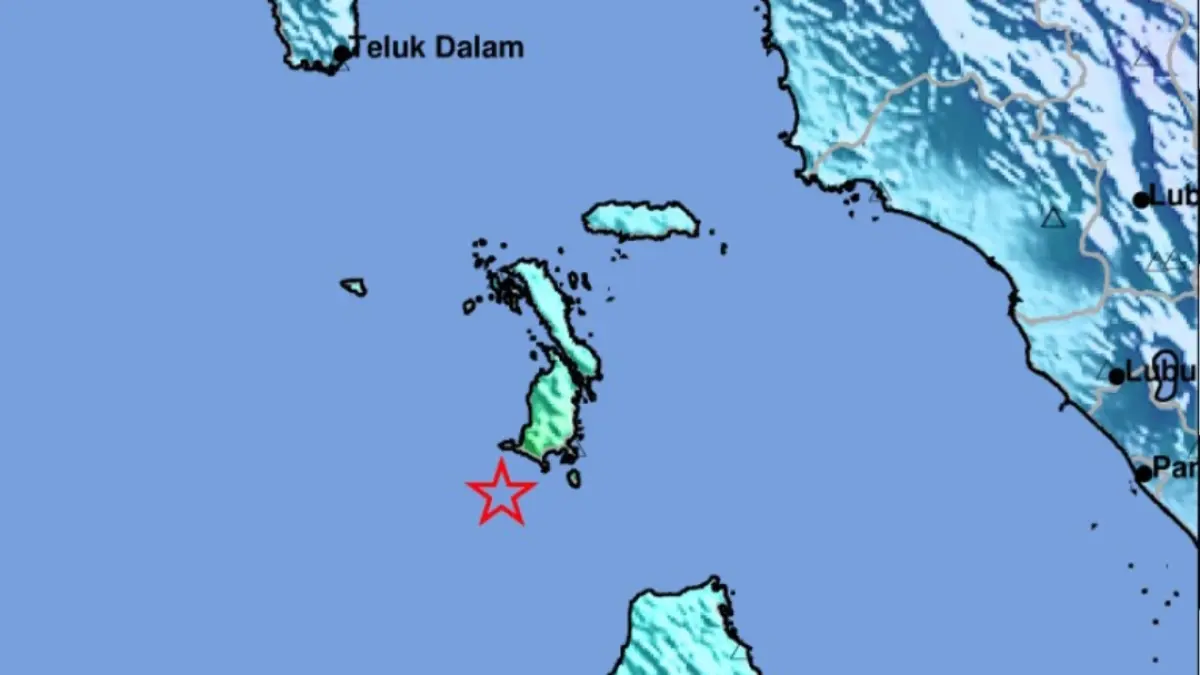 Peta episenter gempa M5,8 di laut 157 km tenggara Nias Selatan berdasarkan parameter terbaru BMKG.