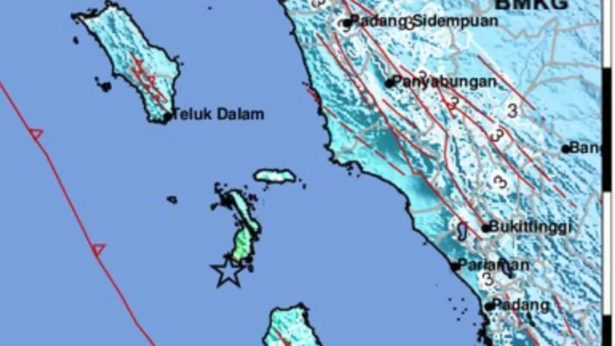 Peta lokasi gempa M 6,1 di 147 kilometer tenggara Nias Selatan yang getarannya dirasakan di sejumlah daerah Sumatera Barat.(Foto: BMKG)