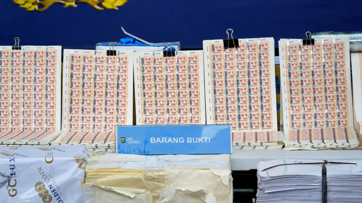 Barang bukti kasus meterai ilegal yang diamankan DJP dan Polda Metro Jaya berupa mesin produksi, bahan baku, meterai palsu, meterai bekas pakai (rekondisi), serta sejumlah barang lain yang digunakan untuk memproduksi dan mengedarkan meterai ilegal.