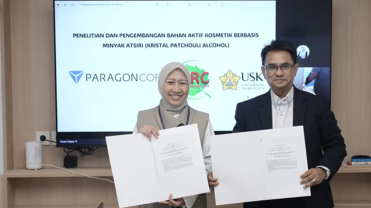 ParagonCorp dan ARC USK mengeksplorasi patchouli alcohol crystal dari nilam Aceh sebagai kandidat bahan aktif alami untuk aplikasi kosmetik.
