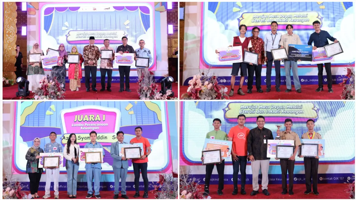 Para pemenang dan penerima penghargaan dalam rangkaian Puncak Hari Indonesia Menabung (HIM) Sumatera Barat 2026 yang digelar Kantor OJK Provinsi Sumatera Barat di UPI Exhibition Hall, Kota Padang.