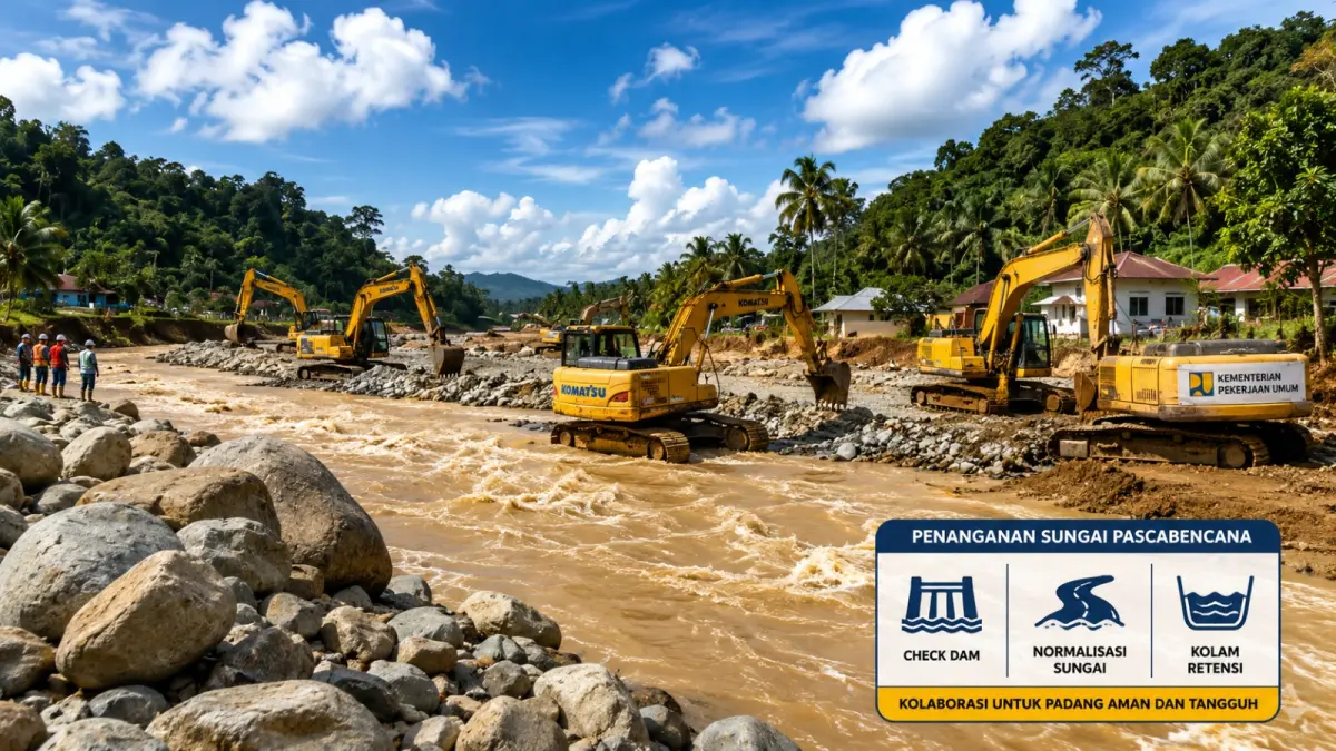 Ilustrasi upaya normalisasi Sungai Kuranji, Sungai Guo, dan Sungai Marangsi untuk mengurangi risiko banjir berulang di Kota Padang. (ilustrasi AI)