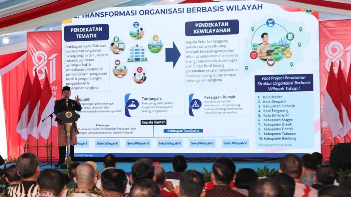 Menteri ATR/Kepala BPN Nusron Wahid saat meluncurkan transformasi layanan dan organisasi Kantor Pertanahan berbasis wilayah, 17 Agustus 2026.