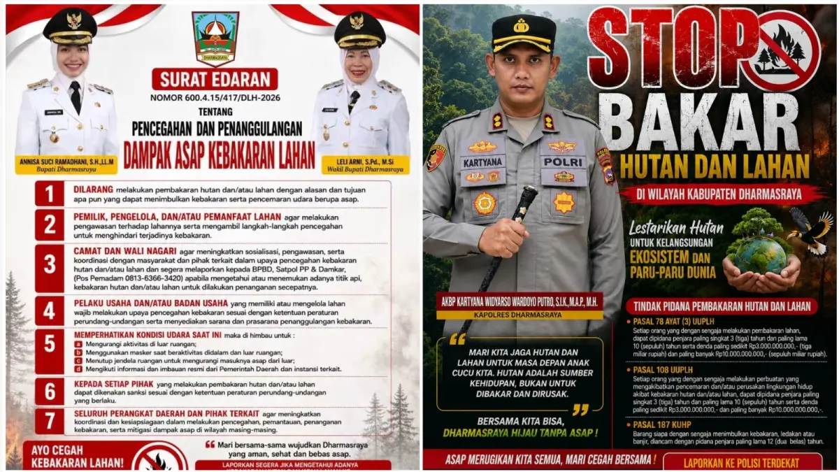 Pemkab Dharmasraya bersama Polres Dharmasraya mengimbau masyarakat tidak membakar hutan dan lahan serta meningkatkan kewaspadaan terhadap potensi karhutla dan dampak asap.