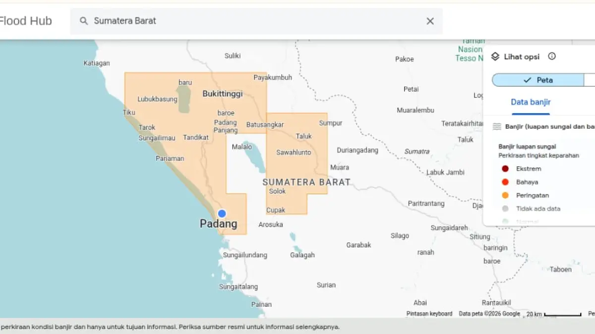Teknologi AI Google kini diklaim mampu memprediksi banjir hingga 7 hari dan banjir bandang 24 jam di 150 negara lewat Flood Hub. (Foto: Tangkapan layar Flood Hub 26 Agustus 2026)