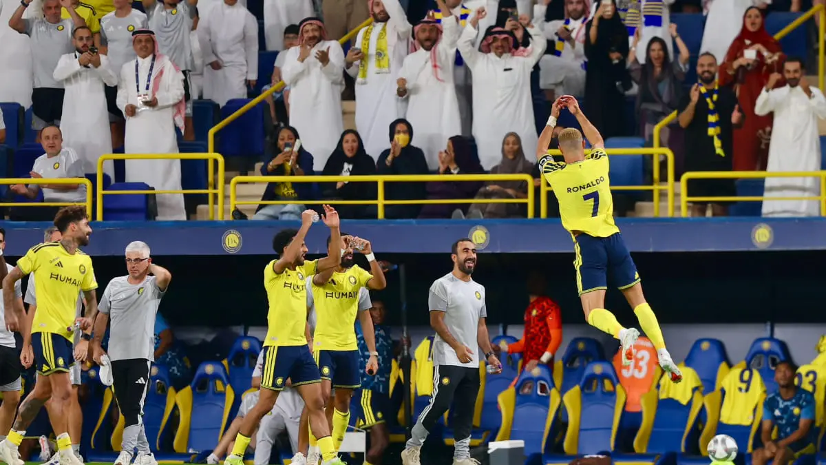 Cristiano Ronaldo merayakan gol ke-978 bersama Al Nassr saat menghadapi Al Taawoun di Liga Saudi 2026/2027. (Foto: X @cristiano)