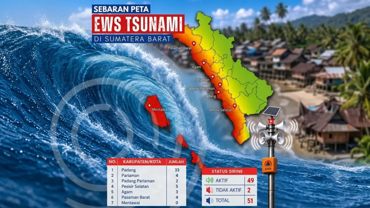 Dua dari 51 sirine tsunami di Sumbar terdeteksi bermasalah saat uji rutin 26 Agustus 2026, BPBD segera melakukan penanganan. (Ilustrasi AI)