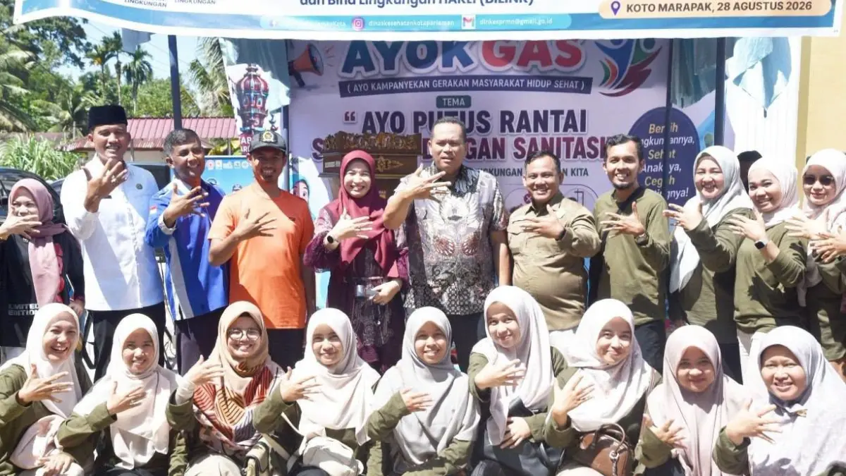 Pencanangan Kampung Sanitasi, Program BILINK HAKLI, dan Kampanye GERMAS di Desa Koto Marapak, Kecamatan Pariaman Timur, Jumat (28/8/2026).